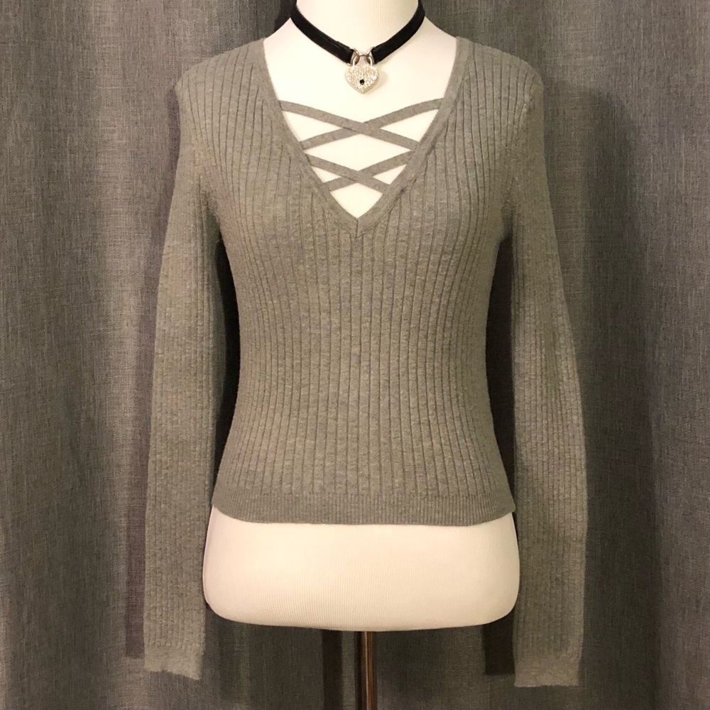Gray ribbed lace up criss cross v neck long sleeve sweater